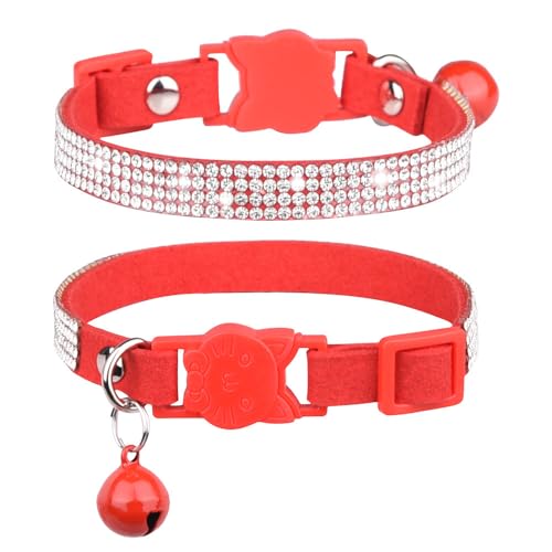 Avenpets Weiches samtsicheres Katzenhalsband mit Glöckchen, niedlich, schillernd, funkelnd, verstellbar, für kleine Kätzchen, Welpen, Rot, S: 25–33 cm Halsumfang von Avenpets