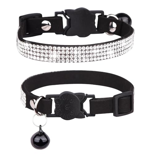 Avenpets Weiches samtsicheres Katzenhalsband mit Glöckchen, niedlich, schillernd, funkelnd, verstellbar, für kleine Kätzchen, Welpen, Schwarz, XS: 20–26 cm Halsumfang von Avenpets