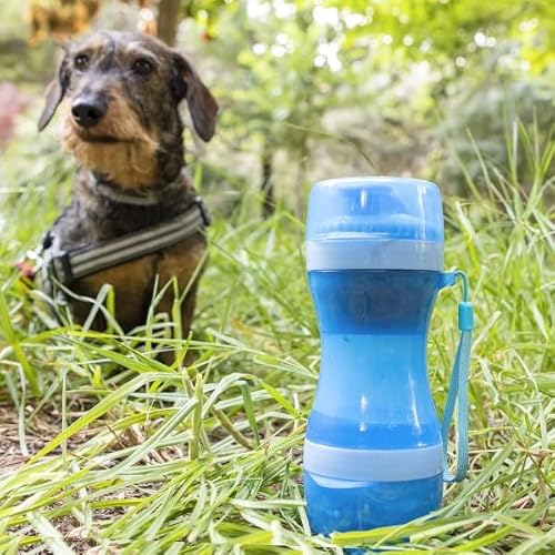 Trinkflasche für Haustiere mit Wasser- und Futterspender, geteilt in Zwei Teile, 300-200 ml, mit Deckel für Schalen und Transportseil, 8,5 x 20,8 x 8,5 cm, Blau von Avilia