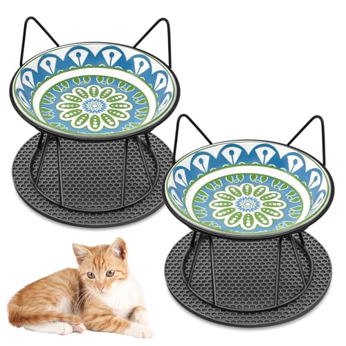 Avmvnvc 2 Stück Katzennapf Erhöht, Futternapf Katze Keramik, Rutschfester Katzennäpfe mit Metallhalter und Napfunterlage Silikon, Katzen Napfset, Fressnapf und Wassernapf für Katzen und Kleine Hunde von Avmvnvc