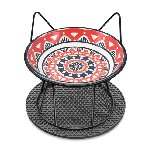 Avmvnvc Katzennapf Erhöht, Futternapf Katze Keramik, Rutschfester Katzennäpfe mit Metallhalter und Napfunterlage Silikon, Katzen Napfset, Fressnapf und Wassernapf für Katzen und Kleine Hunde, 250 ml von Avmvnvc