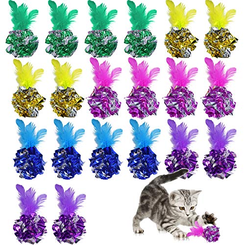 AvoDovA 20 Stück Katze Spielzeug Bälle und Feder, 6CM Bunte Crinkle Bälle Katzen Spielzeug Bälle, Kitten Mylar Bälle, Kätzchen Spielzeug interaktives, Knisternde Bälle für Katze Hunde Kitty von AvoDovA