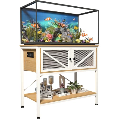 Aquarium-Ständer mit Steckdosen und LED-Licht, Schrank für Aquarium-Zubehör, robuster Metallrahmen, 350 kg Kapazität, Weiß-Walnussbraun von Avolander