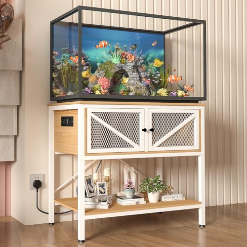 Aquarium-Ständer mit Steckdosen und LED-Licht, Schrank für Aquarium-Zubehör, robuster Metallrahmen, 350 kg Kapazität, Weiß-Walnussbraun von Avolander