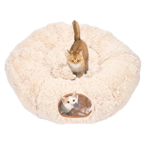 Avont Katzentunnel mit Zentralem Kissen, Weiche Katzenspielzeug Runde Multi-Function Versteck Katzenbett - Beige von Avont