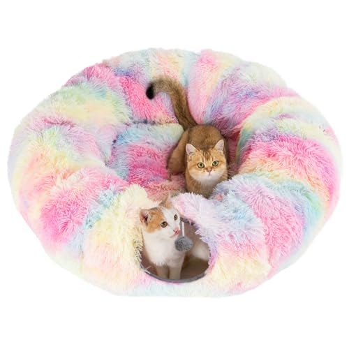 Avont Katzentunnel mit Zentralem Kissen, Weiche Katzenspielzeug Runde Multi-Function Versteck Katzenbett - Regenbogen von Avont