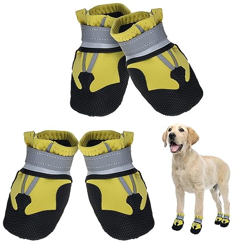 Avvrel Hundeschuhe, 4 Stück Pfotenschutz Hundestiefel rutschfeste wasserdichte Hundeschuhe mit Verstellbar Reflektierendem Riemen, Outdoor Hundeschuhe für Kleine Mittel Große Hunde (Gelbe, L) von Avvrel