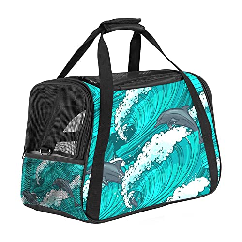 Art Ocean Reisetasche für Haustiere, Delfine, blaue Meereswellen, mit 3 offenen Netztüren und verstellbarem Schultergurt, tragbare Handtasche für kleine Welpen, Hunde, Katzen, Reisetasche von AxssjS