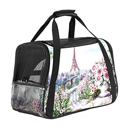 Art Paris Eiffelturm rosa Blumen Haustier-Tragetasche, tragbare Tragetasche, abnehmbare Matte und atmungsaktives Netzgewebe, Transporthandtasche für Hunde und Katzen von AxssjS