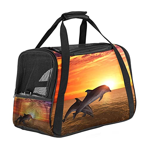 Delphin Sea Ocean Sunset Haustier-Reisetasche mit 3 offenen Netztüren und verstellbarem Schultergurt, tragbare Handtasche für kleine Welpen, Hunde, Katzen, Reisetasche von AxssjS