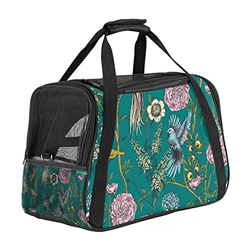 Fluggesellschaften zugelassene Hundetasche, Retro-Garde Blüte, Blumen, Vögel, weiche Seiten, Haustier-Tragetasche für kleine Hunde und Katzen, tragbare Haustier-Reisetasche, offene Oberseite, 43 x 25 x 30 cm von AxssjS