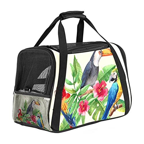 Transporttasche für Haustiere, tropische Papageien, Tukan, Vögel, Blumen, Palmenblätter, mit 3 offenen Netztüren und verstellbarem Schultergurt, tragbare Handtasche für kleine Welpen, Hunde, Katzen, Reisetasche von AxssjS