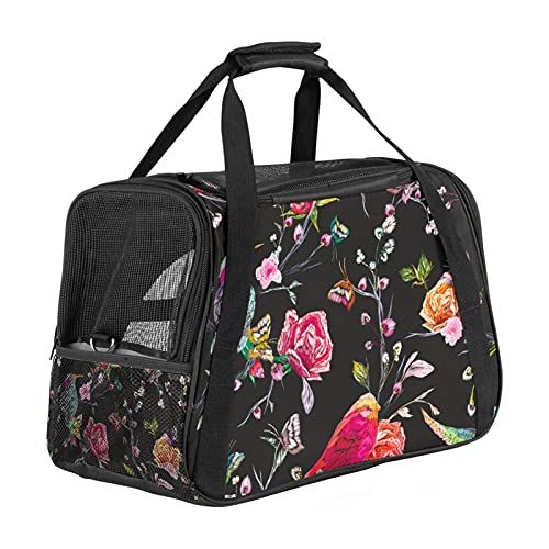 Vintage Stickerei Vogel Schmetterling Blumen Haustier Tragetasche, Tragbare Tote Bag Top Öffnung, Abnehmbare Matte und Atmungsaktives Netz, Transport Handtasche für Hunde und Katzen von AxssjS