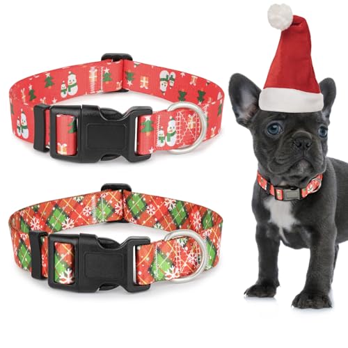 2 x Weihnachts-Hundehalsband, Schneemann, Weihnachtsbaum, Weihnachtsdesign, rotes Karomuster, Schneeflockenmuster, Hundehalsband mit Sicherheitsschnalle, verstellbar, niedliches Hundehalsband, von Ayaseen