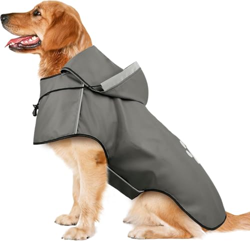 Hunde-Regenmantel für große Hunde, reflektierende Hunde-Regenjacke mit Kapuze, weich, leicht, mit Kapuze und verstellbarem Kordelzug/reflektierendem Streifen/Loch für die Leine, wasserdichte von Ayaseen