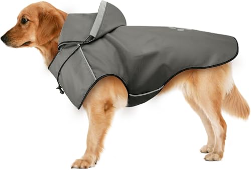 Hunde-Regenmantel für große Hunde, reflektierende Hunde-Regenjacke mit Kapuze, weich, leicht, mit Kapuze und verstellbarem Kordelzug/reflektierendem Streifen/Loch für die Leine, wasserdichte von Ayaseen