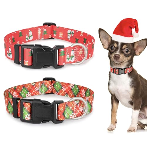 Weihnachts-Hundehalsband, Schneemann, Weihnachtsbaum, Weihnachtsdesign, rotes Karomuster, mit Sicherheitsschnalle, verstellbar, niedliches Hundehalsband, Weihnachtsmotiv, Rot, 2 Stück von Ayaseen