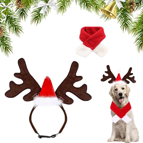 Ayizhiniu Weihnachts Hunde Stirnband Set, Weihnachten Haustier Stirnband, 3D Verstellbare Weihnachtsmütze REH Stirnband, Weihnachten Hundekostüm, Geeignet Kleiden Ihren Hund Einen von Ayizhiniu