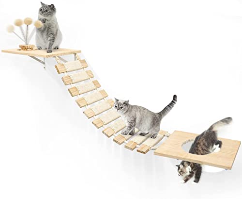 Aystkniet Katzen Brücke, 25×170CM XXL Hängebrücke mit Rutschfestem Sisal, 2 Ruhe und Spielwandregal mit Löchern Spurenkugel und Federspielzeug, Kletterwand für Große oder Mehrere Katze bis 50 kg von Aystkniet