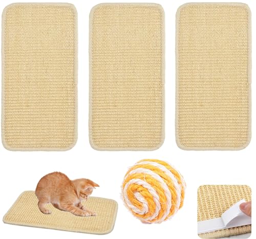 3 Stück Katzenkratzmatte 50 * 20 cm, natürliche Sisal-Katzenkratzunterlage mit Klebeschlaufenband, Katzenkratzmöbel-Schutzteppich + 1 Sisalkugel von AzulLanse