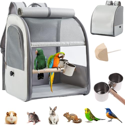 Transportbehälter für Vögel,Rucksack für Vögel mit Holzstab,Vogel transportbox,mit Edelstahl-Clip-Cups,Rollläden,Transportbox Vogel,tragbare Vogelträger Reisetasche,1 Backenzahnstein von AzulLanse