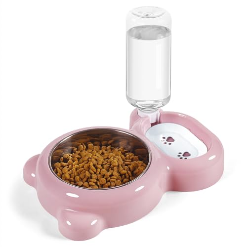 Doppelnapf für Katzen und Hunde, automatischer Wasserspender, Abnehmbarer Edelstahlnapf, auslaufsicher, Stabiler Boden, geeignet für Katzen und kleine mittelgroße Hunde (Pink) von Azwraith