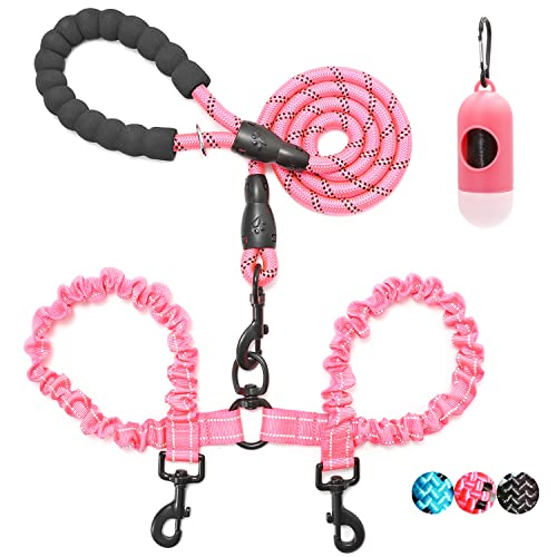 BAAPET Doppelte Hundeleine, 122 cm langes Seil mit verhedderungsfreiem, stoßdämpfendem Bungee und Kotbeutel für Zwei kleine, mittelgroße und große Hunde (klein, rosa) von BAAPET