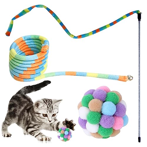 BAAROO Katze Regenbogen Zauberstab Spielzeug - Schnurspielzeug, interaktives Katzenspielzeug-Zauberstab-Set,Regenbogenband-Charmer-Zauberstab, sicher, bunt, mit Kugel für Kätzchen von BAAROO