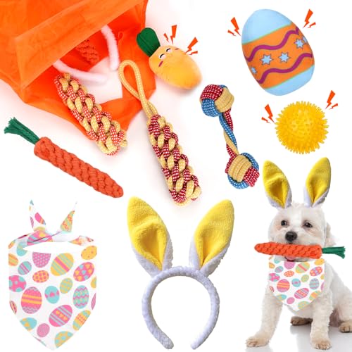 BABORUI Oster-Hundespielzeug-Set – 3 quietschende Hundespielzeuge und 4 Kau-Seil-Spielzeug und 2 Hunde-Osterhasen-Ohr-Bandana, Ostergeschenk für Welpen, kleine, mittelgroße und große Hunde von BABORUI