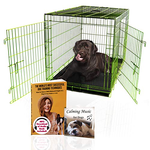 Pet Expressions Hundehütte aus Draht, Doppeltür, Metall-Stahlkäfig, für drinnen und draußen, zusammenklappbar, Größe L, Neon-Limettengrün von BACKYARD EXPRESSIONS PATIO · HOME · GARDEN