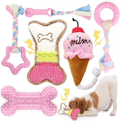 BAEJMJK 6 Stück Welpen Zahnen Spielzeug Rosa Kleine Rassen Hund Kauspielzeug mit Seil Niedlich Weiches Gummi Welpenspielzeug Set für Reinigung Zähne Interaktives Haustier Doggy Bone Toys von BAEJMJK