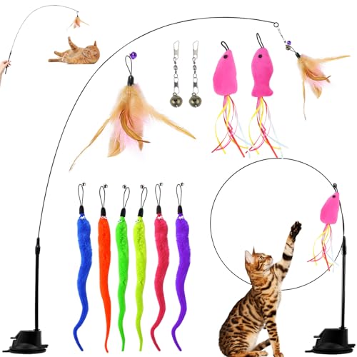 Interaktives Katzenspielzeug Intelligenz Katzen Spielzeug Cat Toys Interaktiv Katzenangel Stabil mit Federn und Saugnapf Angel Spielzeug Fliegender Vogel Kätzchen Zauberstab für Kleine Große Katzen von BAERTMY