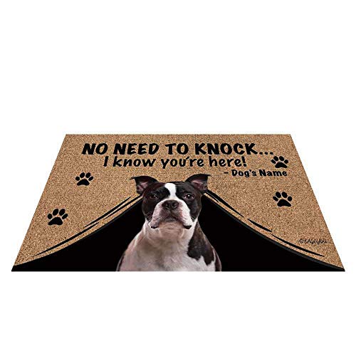 BAGEYOU Personalisierbare Fußmatte mit Hundenamen und Aufschrift "My Love Dog", Boston Terrier, Willkommens-Bodenmatte, "Not Need to Knock I Know You're Here", 90 x 60 cm von BAGEYOU