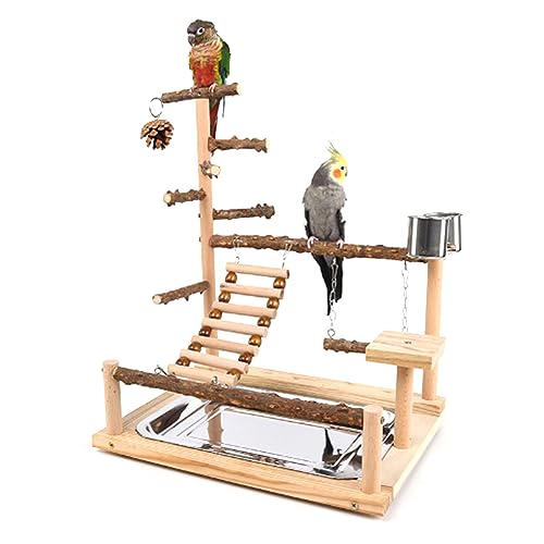 Pet Papagei Spielständer Papageien Vogel Vogel Spielständer Holz Sitzstange Leiter mit Stahl-Futterplatte Vogelstange Ständer Spielzeug Vogel Sitzstange Ständer Plattform Natürliches Holz von BAHJKASD