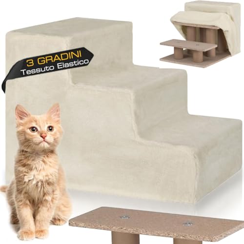 BAKAJI Haustiertreppe mit 3 Stufen und abnehmbarem Plüschbezug, Rampe für Katzen und ältere Hunde, Leiter mit hoher Dichte, 45,5 x 36 x 34 cm … (Beige) von BAKAJI