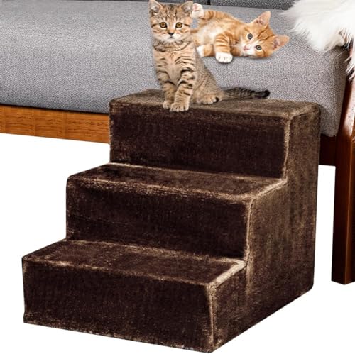 BAKAJI Haustiertreppe mit 3 Stufen und abnehmbarem Plüschbezug, Rampe für Katzen und ältere Hunde, Leiter mit hoher Dichte, 45,5 x 36 x 34 cm … (Braun) von BAKAJI