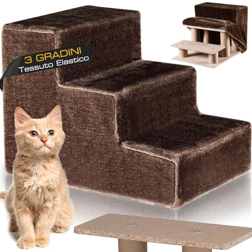 BAKAJI Haustiertreppe mit 3 Stufen und abnehmbarem Plüschbezug, Rampe für Katzen und ältere Hunde, Leiter mit hoher Dichte, 45,5 x 36 x 34 cm … (Braun) von BAKAJI