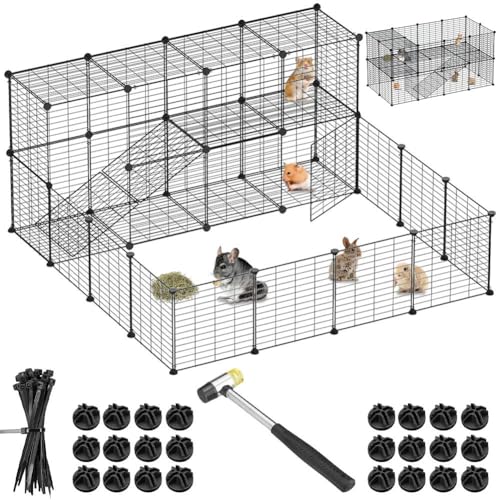 BAKAJI Kleintiergehege, personalisierbar, aus Metall, modularer Zaun für Meerschweinchen, Hamster, Kaninchen, Chinchillas, für den Innen- und Außenbereich (143 x 71 x 46 cm, 2 Etagen) von BAKAJI