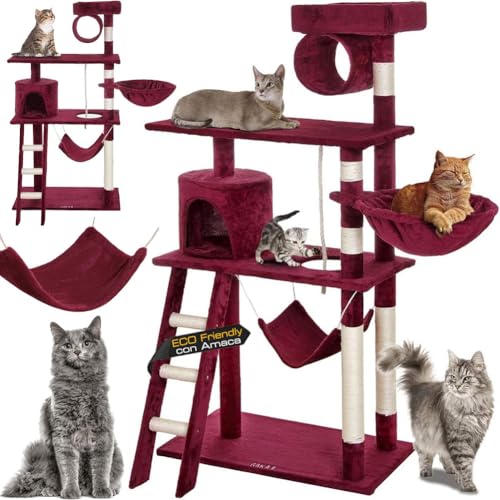 BAKAJI Kratzbaum für Katzen aus Sisal und Plüsch, Spielplatz für Katzen mit hängender Höhle, versteckt, Kratzstangen und Plattformen, Maße 142 x 74,5 x 40 cm (rot) von BAKAJI