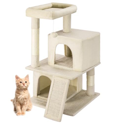 BAKAJI Kratzbaum für Katzen mit 3 Hütten und 1 Kugel, Kratzbaum für Haustiere, gepolstert und weich, Spielzeug, Aktivitätszentrum, mehrstufig, Kletterpflanze, Höhe 91,5 cm (Beige) von BAKAJI