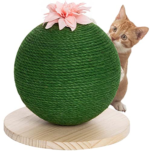 BAKAJI Kratzbaum rund Kugelform Ball für Katzen Farbe Grün mit interaktiver Blume für Nägel Kratzfest Spielzeug stabil langlebig robust Hanfseil von BAKAJI