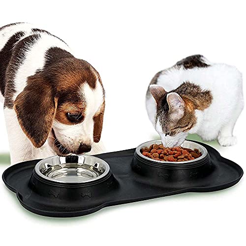 Bakaji Set mit 2 Futternäpfen für Hunde und Katzen aus Stahl, 170 ml, mit rutschfester Unterseite, rutschfest, aus Gummi, für Tierfutter, Größe 36 x 21 x 3 cm von BAKAJI