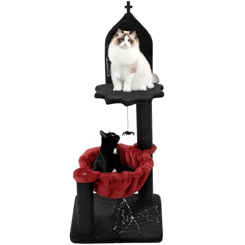 BALAPET Gothic-Katzenbaum mit Hängemattenbett, Katzenturm mit geräumiger Katzenplattform, Kratzbäume, Spinnen-Hängeball, mehrstufige Katzenaktivitäten, Möbel für große Katzen, schwarz-rot, Halloween von BALAPET