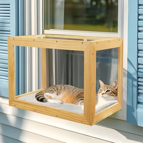 BALAPET Katzenfenster Catio mit Holzrahmen zum Sonnenbaden, stabiler klarer Acryl-Katzenfensterkasten, wasserdichte Dach-Haustier-Fensterstange für sicheres Genießen der Outdoor-Sehenswürdigkeiten und von BALAPET