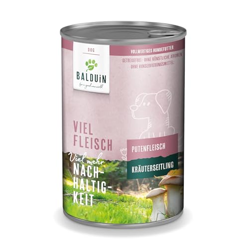 BALDUIN Nassfutter für Hunde, Pute mit Kräuterseitling,6 x400 g, vollwertiges Hundenassfutter Mit Einer einzigartigen Kombination aus Putenfleisch und Pilz-Mix von BALDUIN