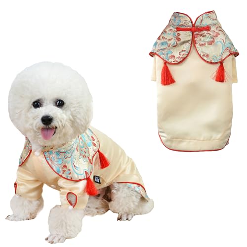 BAMY Cheongsam-Anzug für Hunde und Katzen, traditionelles chinesisches Haustierkostüm, Kleidung für kleine und mittelgroße Hunde, Größe M (Brustumfang 45 cm), Goldfarben von BAMY