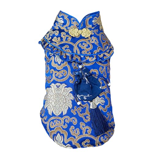 BAMY Cheongsam Glückstasche für Hunde, chinesisches traditionelles Haustier-Outfit, Qipao für Katzen, kleine, mittelgroße Hunde (XS (Brustumfang 33,8 cm), Blau) von BAMY