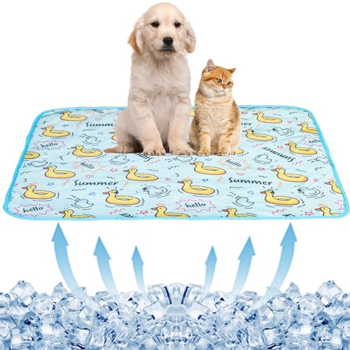 BAMY Kühlmatte für Katzen, Sommer, Hund, Seide, selbstkühlendes Kissen, waschbar, Kätzchen-Eisdecke mit Enten-Erdbeer-Muster (blaue Ente, L (100,1 x 70,1 cm) von BAMY