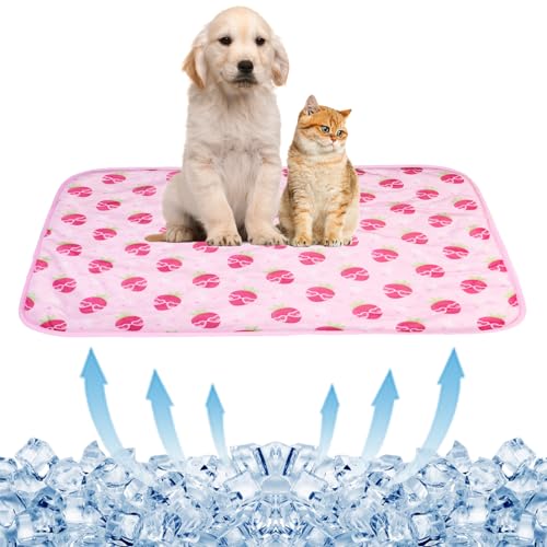 BAMY Kühlmatte für Katzen, Sommer, Hund, Seide, selbstkühlendes Kissen, waschbar, Kätzchen-Eisdecke mit Enten-Erdbeer-Muster (rosa Erdbeere, Größe L (100,1 x 70,1 cm) von BAMY