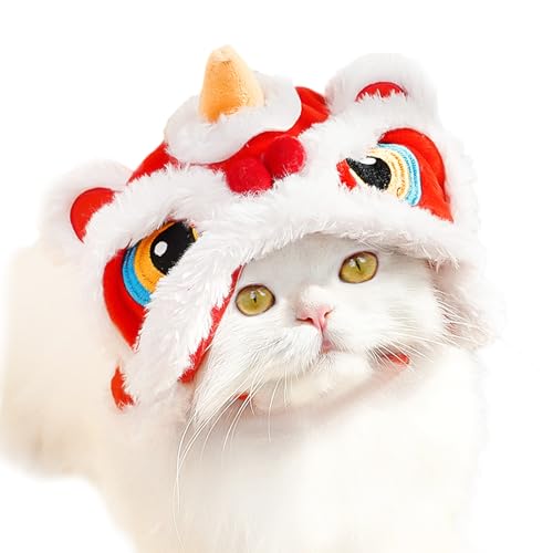 BAMY Lion Dance Katzenhut, Neujahrshut, warmes Hundekopf-Zubehör, Cosplay-Hut, Kostüm für Katzen, Kätzchen, Welpen, kleine Hunde (Kopfumfang 35,1 cm) von BAMY